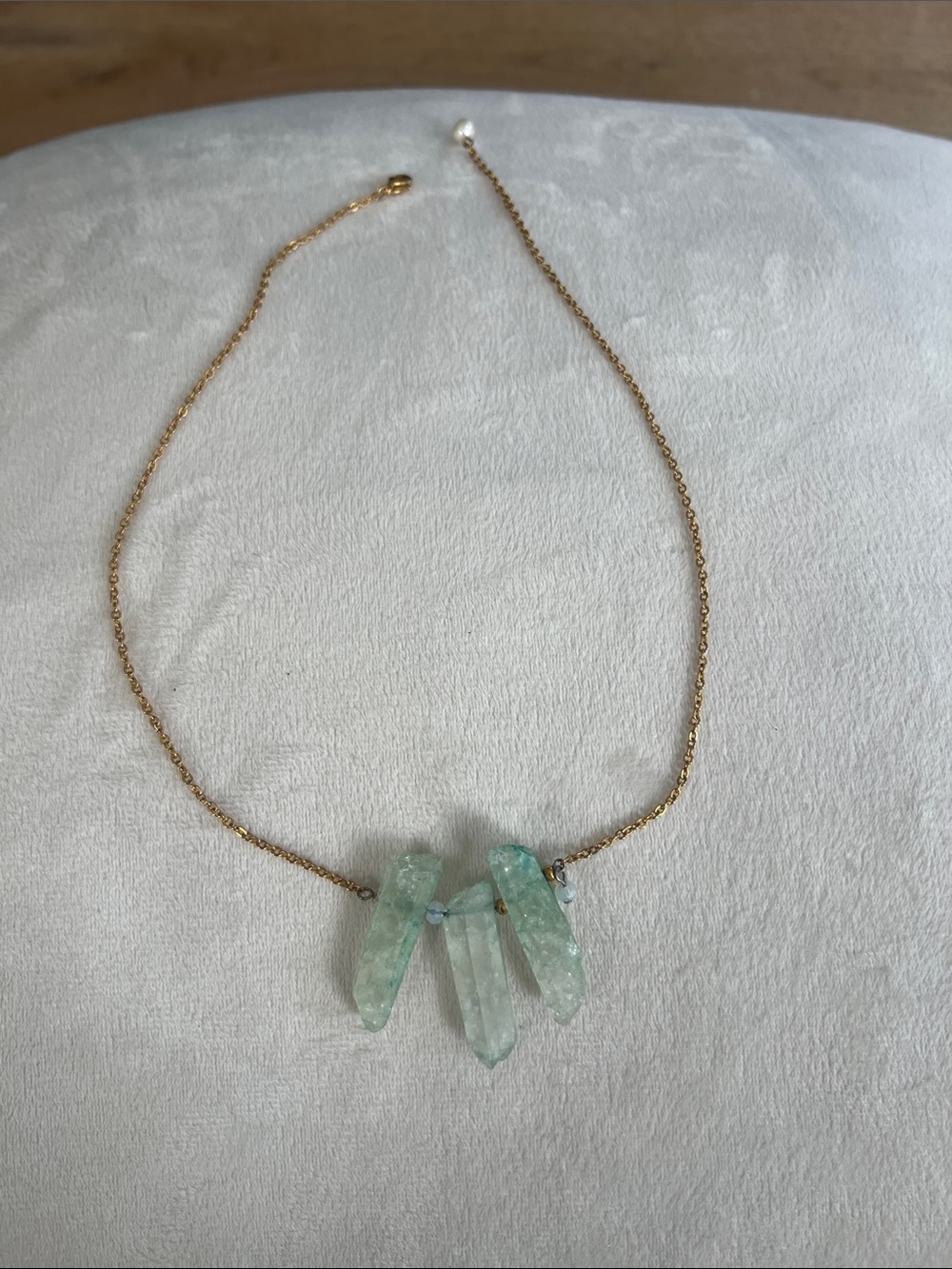 Hand crafted Gold Chain Necklace with Seafoam Crystal Point Trio